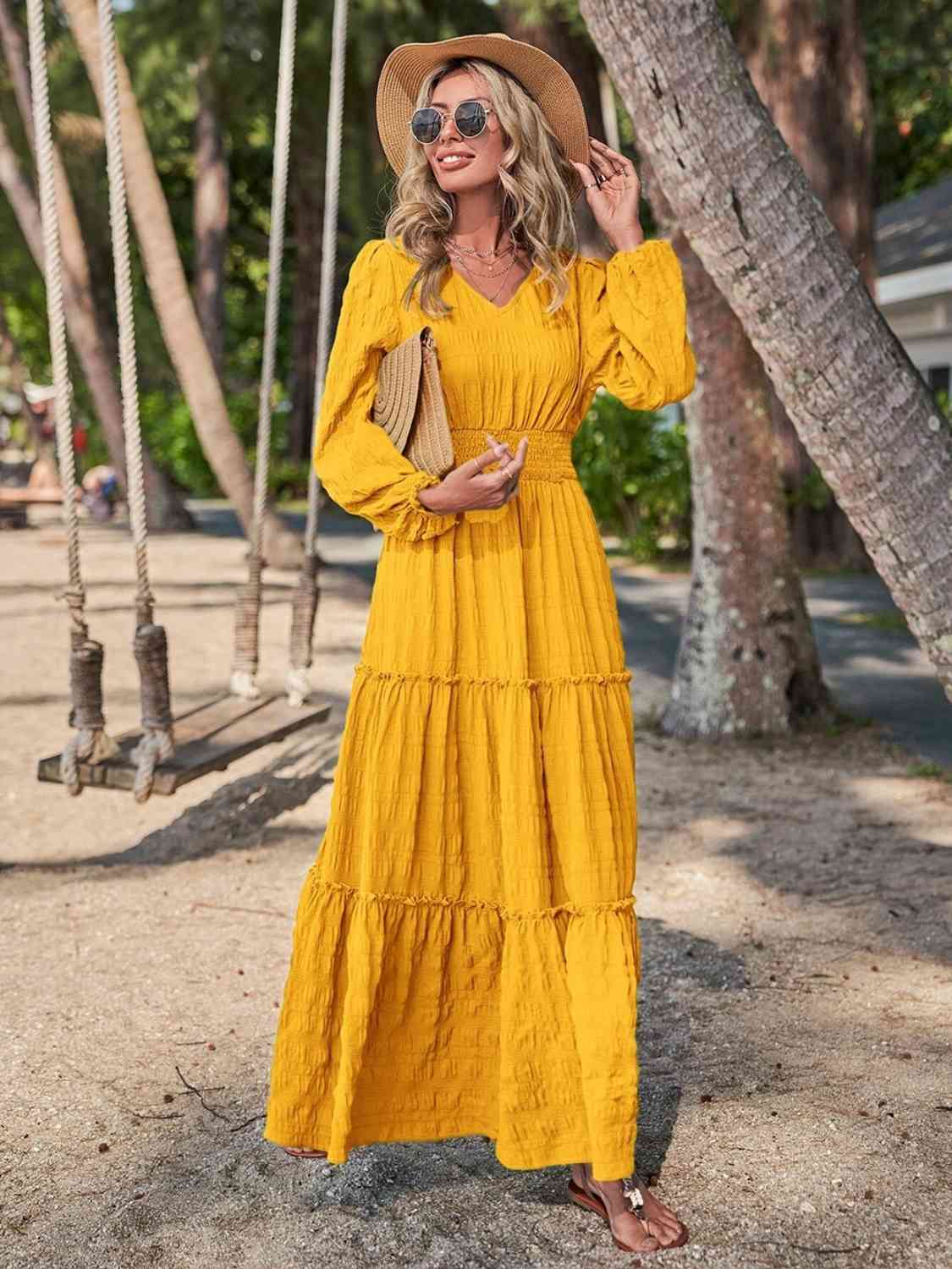 swvws Smocked Waist V-Neck Maxi Dress