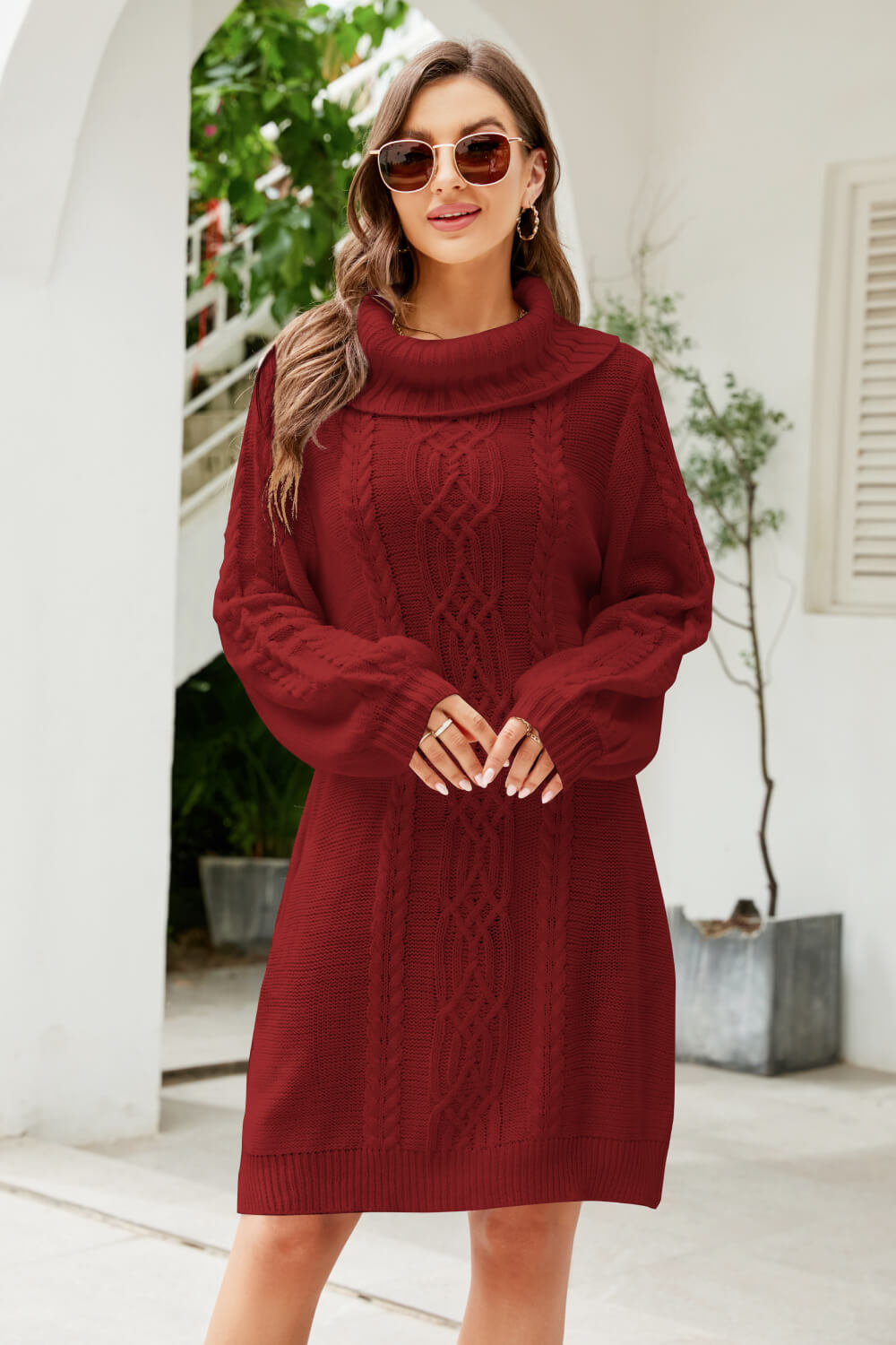 swvws Mixed Knit Turtleneck Lantern Sleeve Sweater Dress