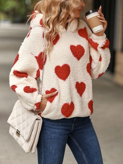 swvws Fuzzy Heart Pocketed Dropped Shoulder Hoodie