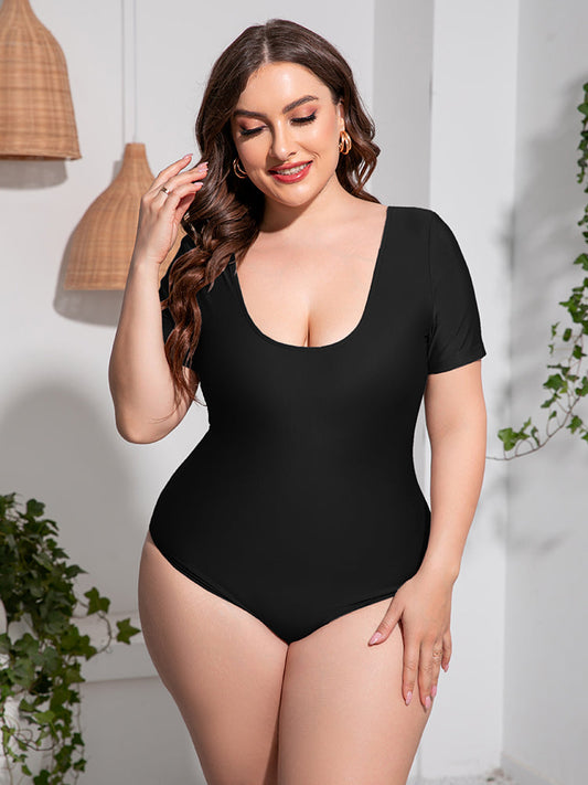 swvws Plus Size Scoop Neck Short Sleeve One-Piece Swimsuit