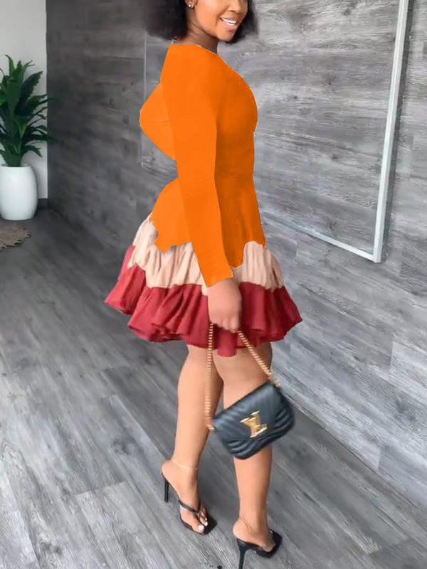 Sixsr Color Block Ruffle Mini Dress