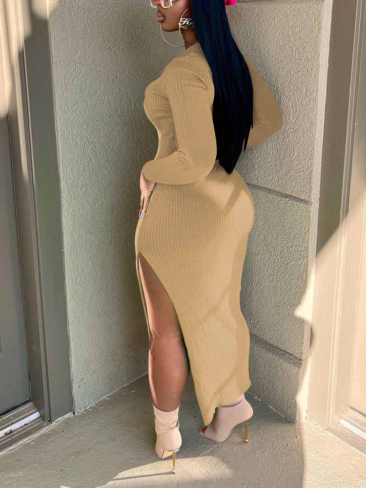 Sixsr Ribbed Slit Bodycon Midi Dress