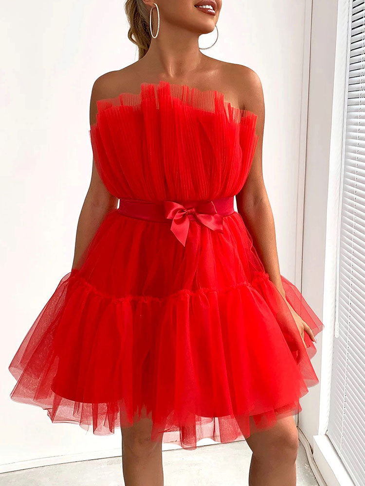 Sixsr Bow Decor Layered Tulle Cocktail Dress