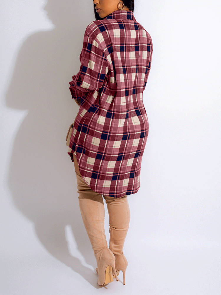 Sixsr Long Sleeve Plaid Buckle Shirt Dress