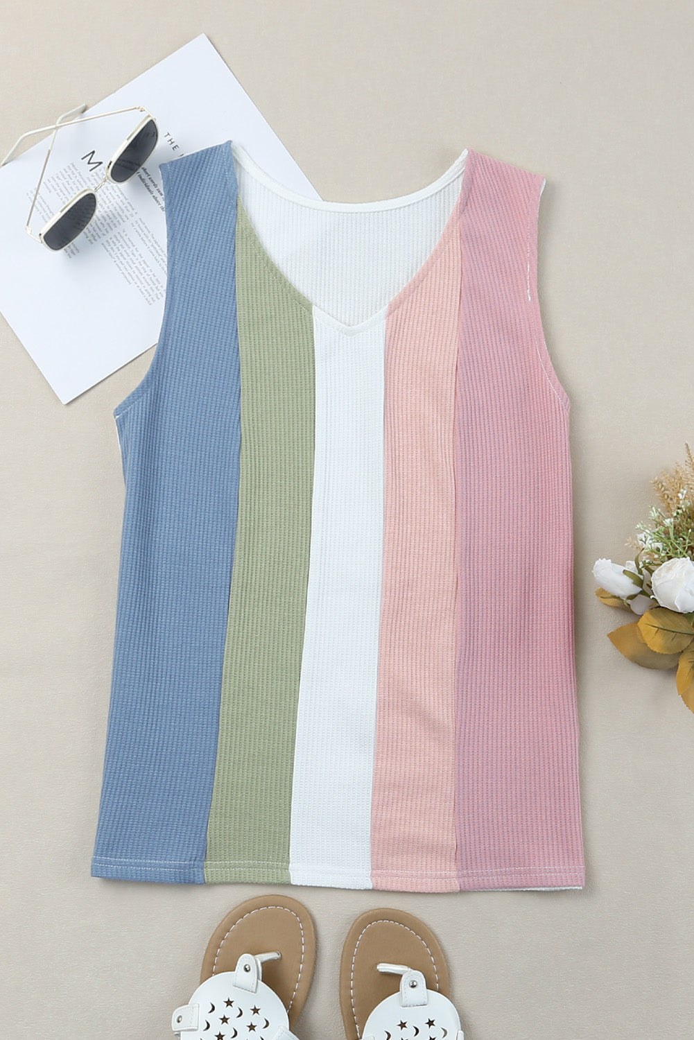 swvws Multicolored Striped Waffle-Knit Sleeveless Tank