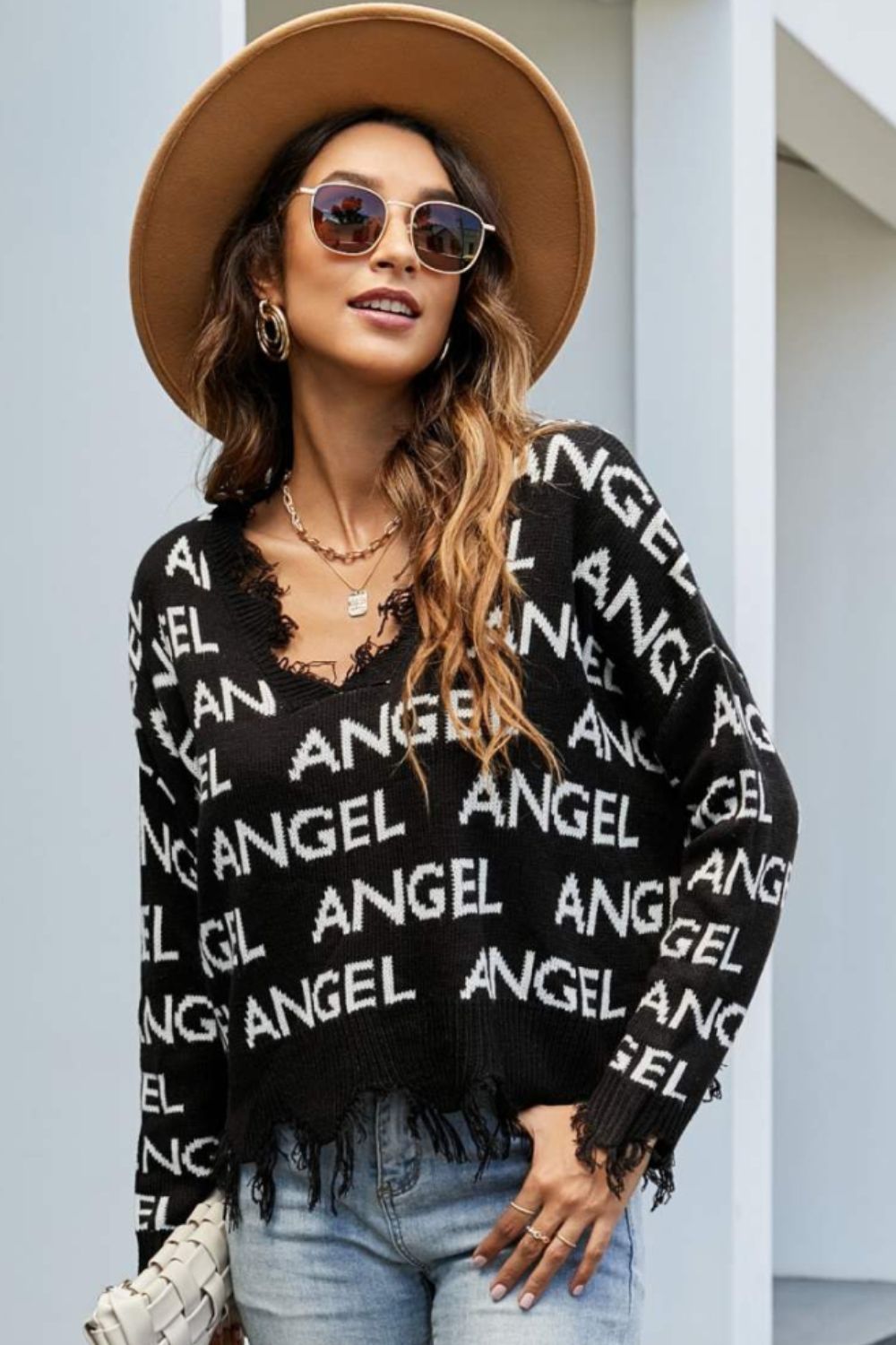 swvws ANGEL Distressed V-Neck Dropped Shoulder Sweater