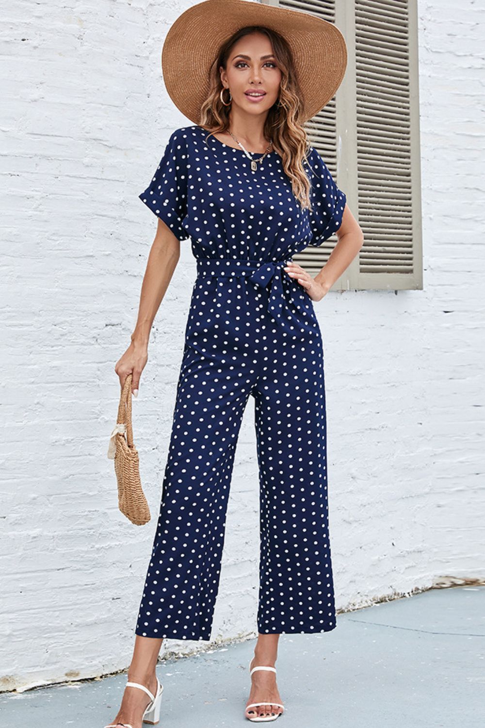 swvws Polka Dot Round Neck Cutout Jumpsuit