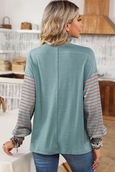 swvws Striped Round Neck Lantern Sleeve Sweatshirt