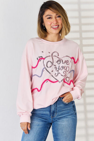 swvws LOVE YOU Heart Sequin Round Neck Sweatshirt