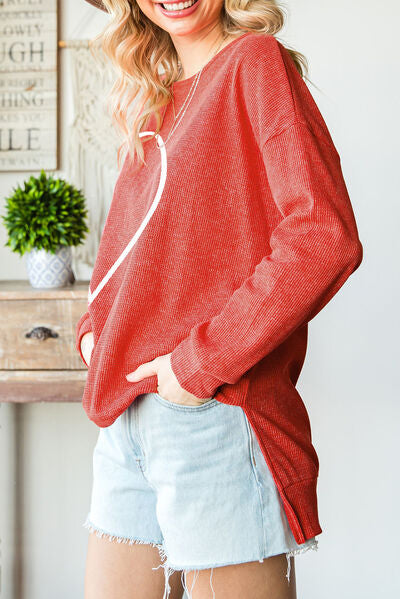 swvws Slit Waffle-Knit Boat Neck Long Sleeve Sweatshirt