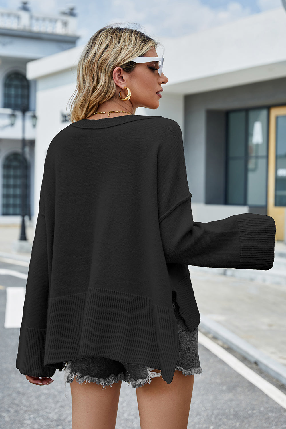 swvws Round Neck Dropped Shoulder Slit Sweater