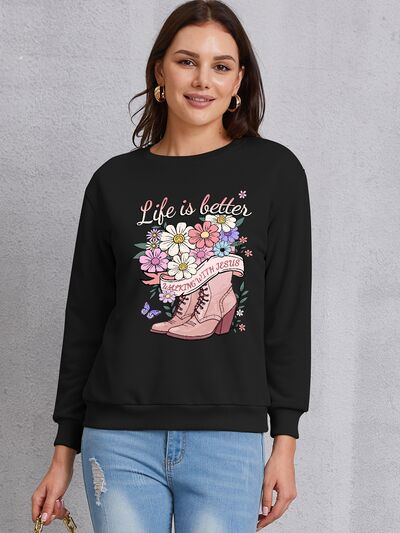 swvws Graphic Round Neck Long Sleeve Sweatshirt