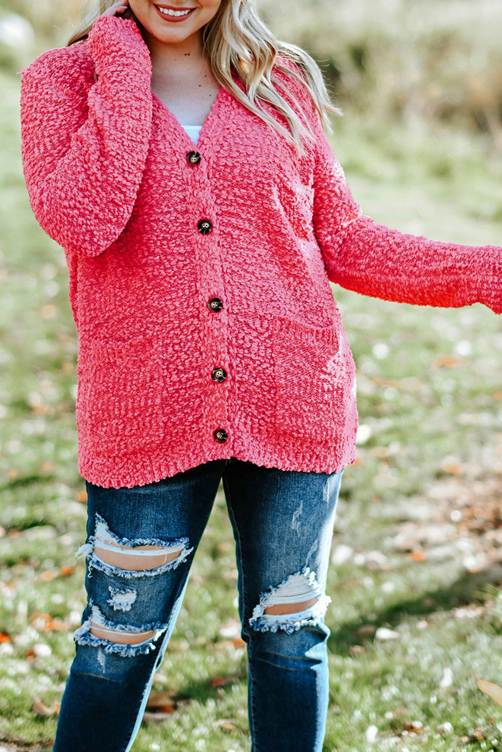 swvws Plus Size Button Down Cardigan with Pockets