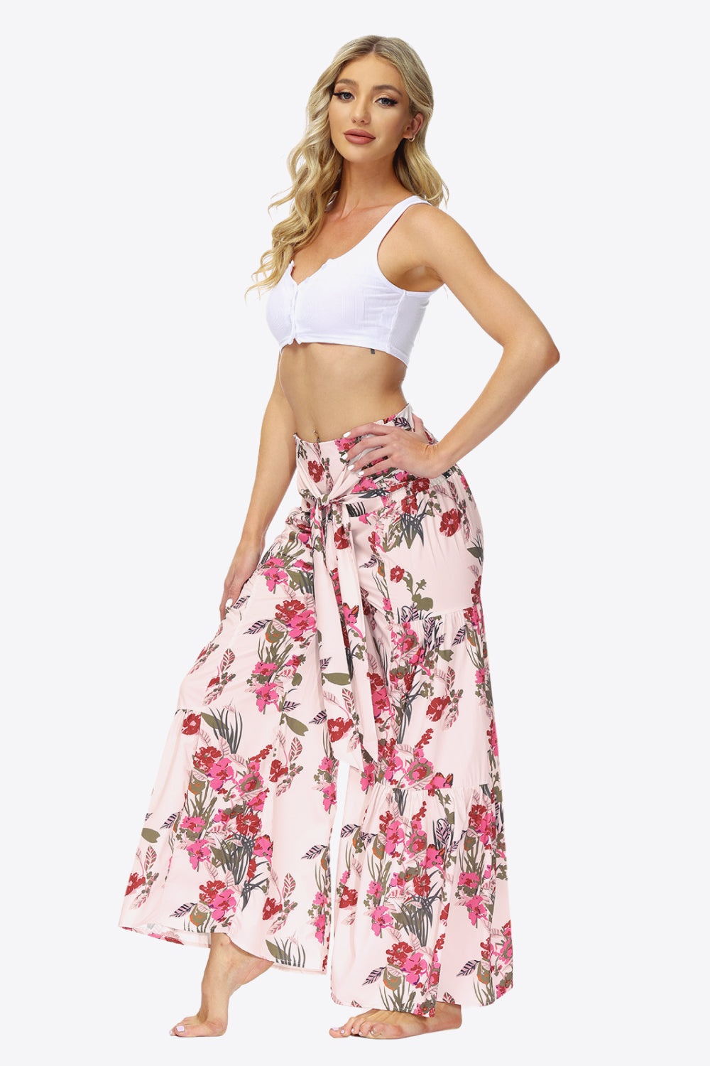 swvws Floral Tie-Waist Tiered Culottes