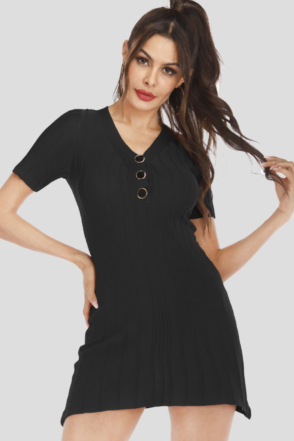 swvws Buttoned Short Sleeve V-Neck Knit Dress