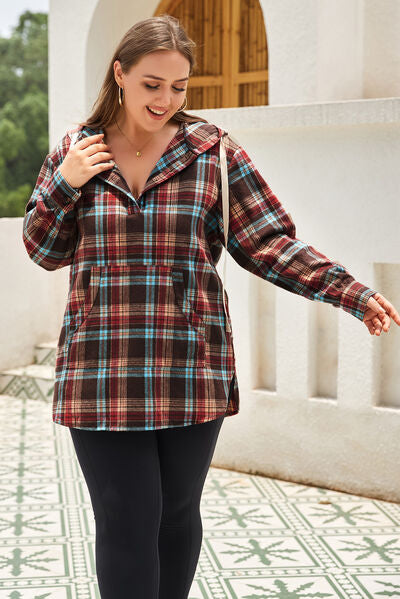 swvws Plus Size Drawstring Plaid Quarter Button Hoodie