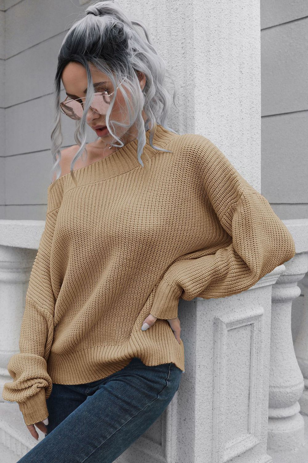 swvws Off-Shoulder Ribbed Long Sleeve Pullover Sweater