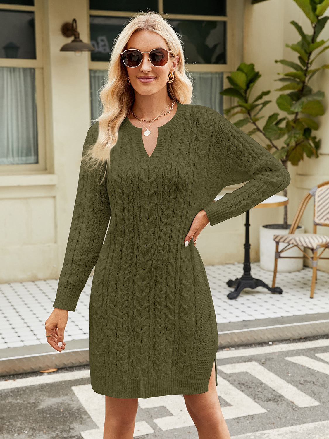 swvws Notched Neck Cable-Knit Slit Sweater Dress