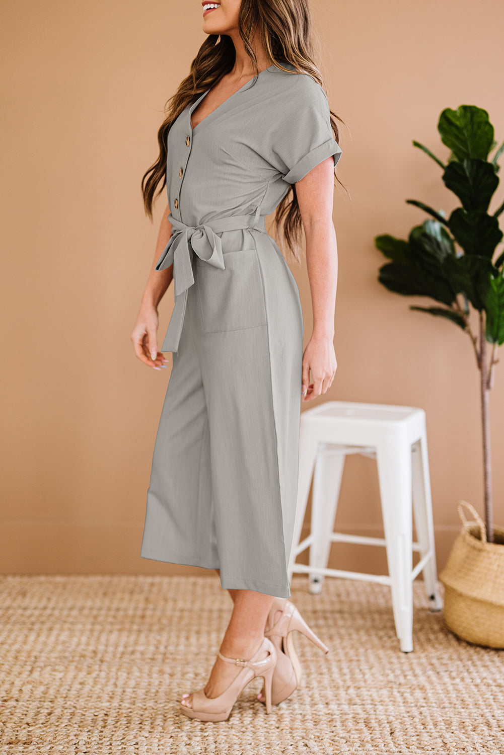 swvws Button Front Belted Cropped Jumpsuit with Pockets