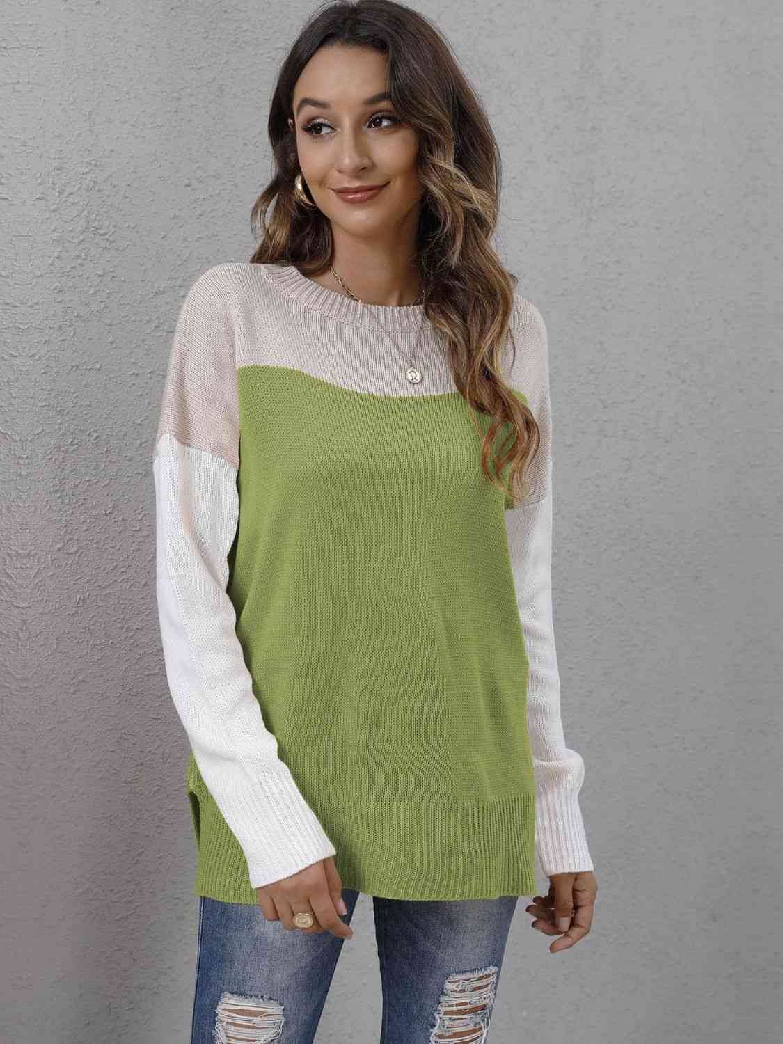 swvws Color Block Round Neck Dropped Shoulder Sweater