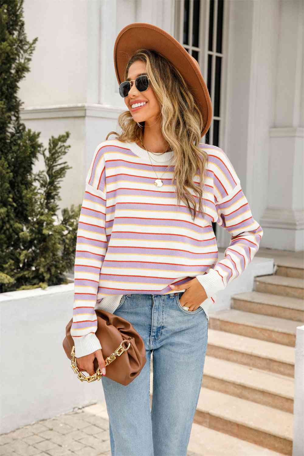 swvws Striped Round Neck Dropped Shoulder Knit Top