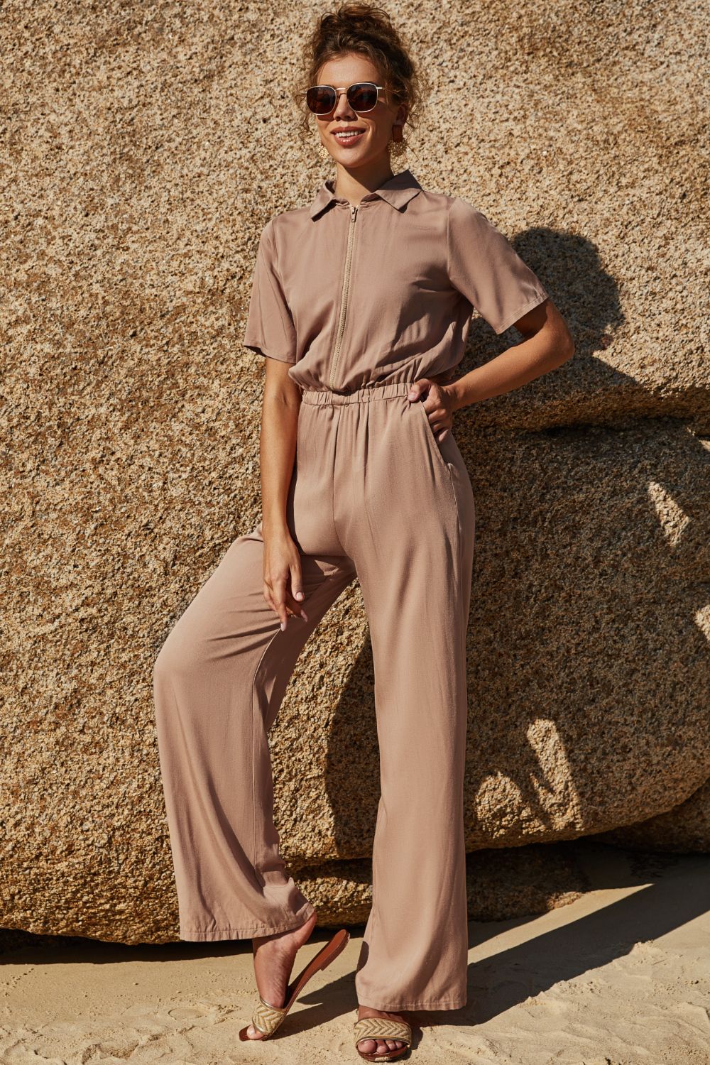 swvws Zip Up Short Sleeve Collared Jumpsuit