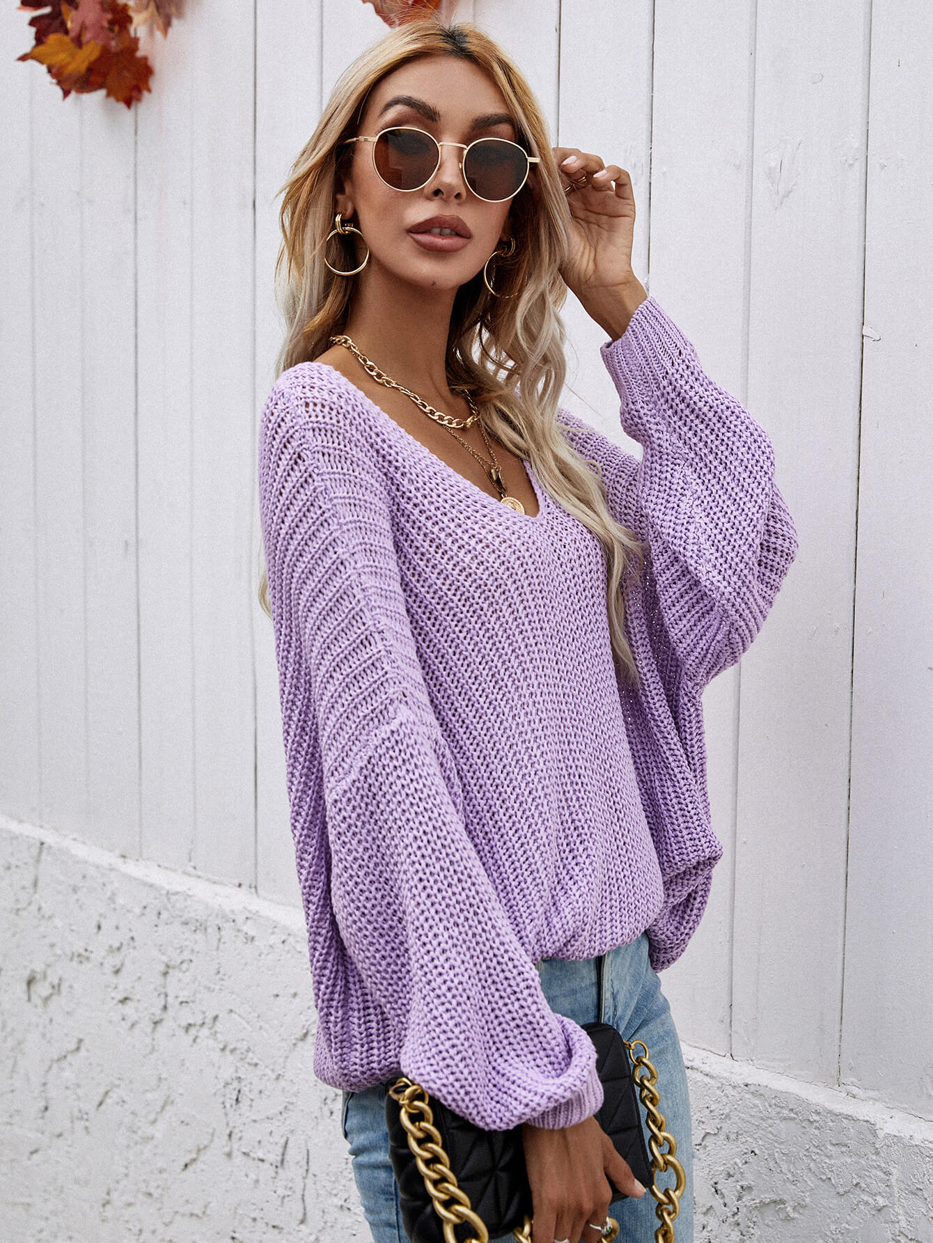 swvws Rib-Knit Drop Shoulder V-Neck Pullover Sweater