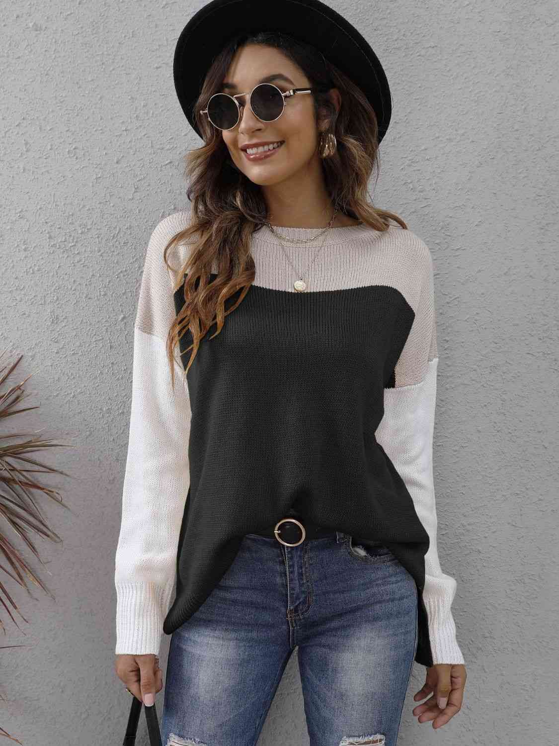 swvws Color Block Round Neck Dropped Shoulder Sweater