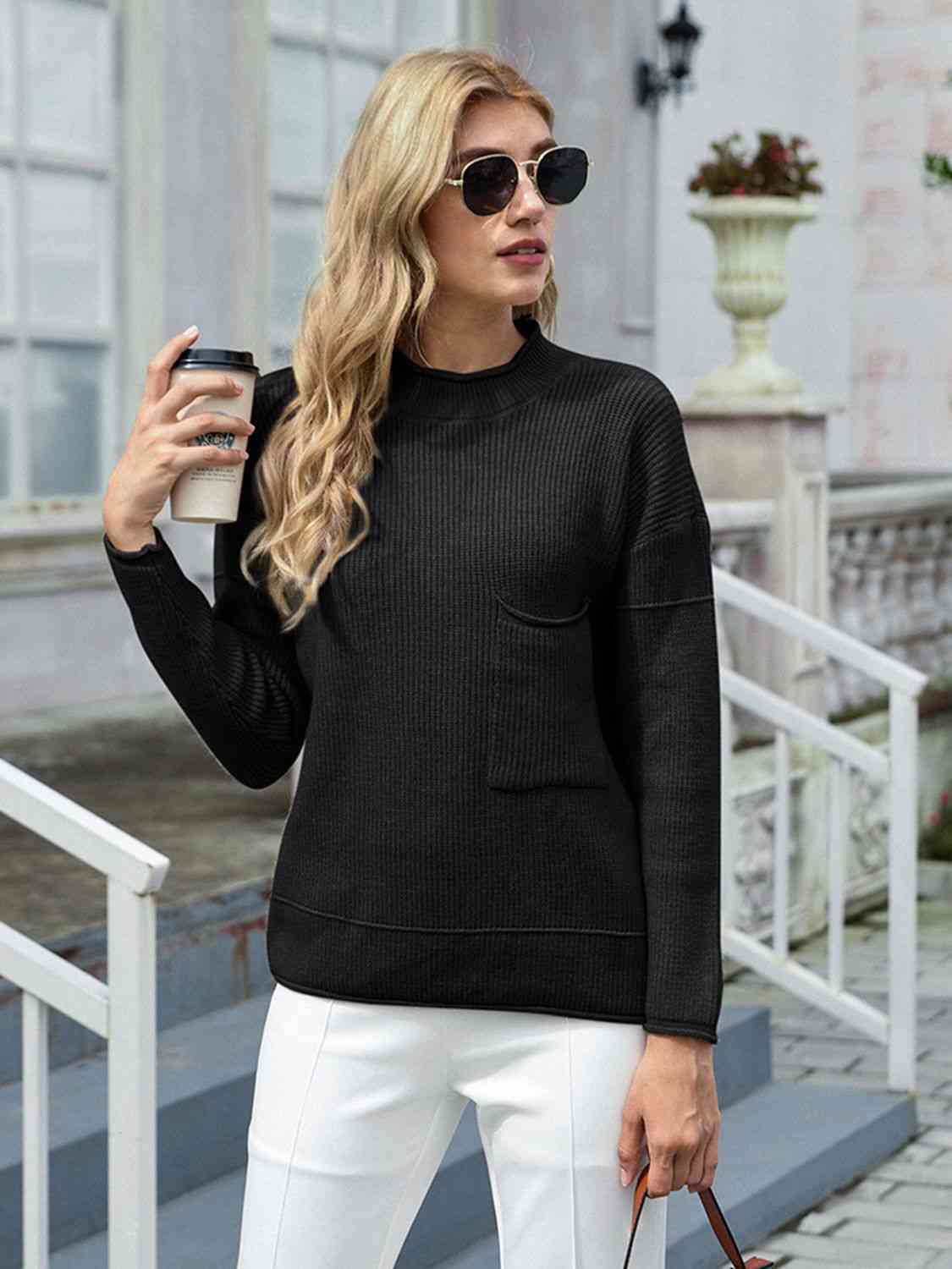 swvws Round Neck Dropped Shoulder Sweater with Pocket