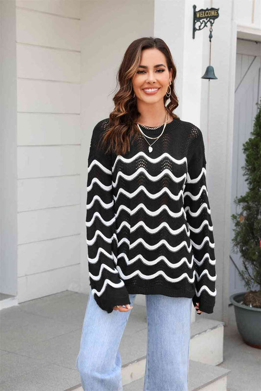 swvws Wave Pattern Round Neck Long Sleeve Sweater