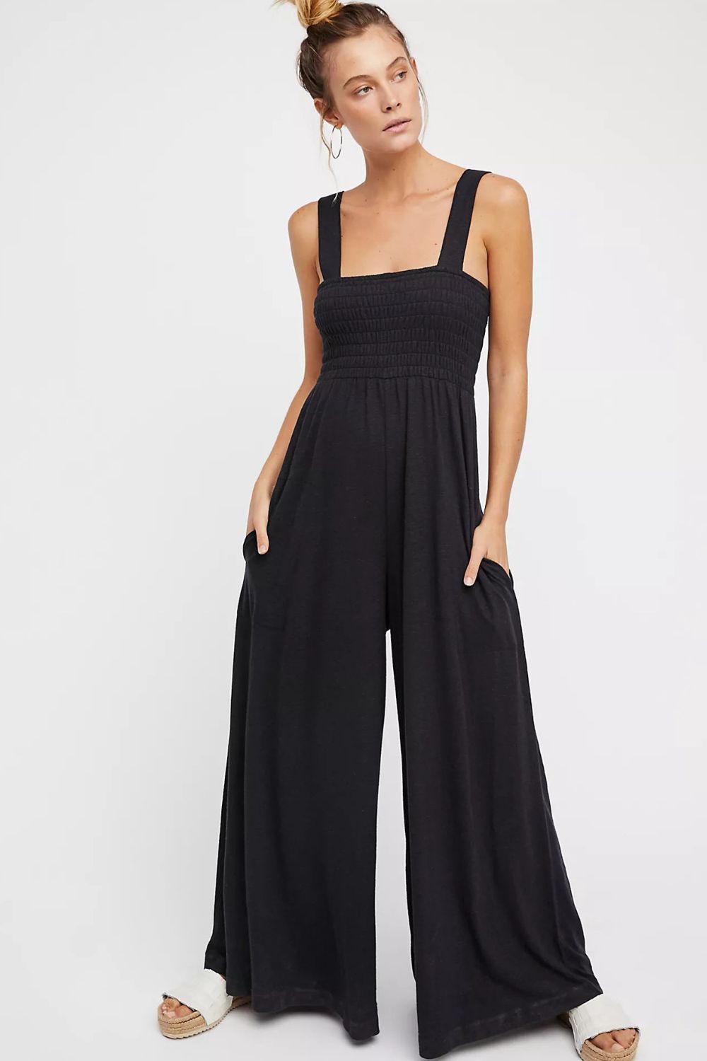 swvws Smocked Square Neck Wide Leg Jumpsuit with Pockets