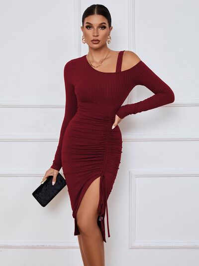 swvws Ribbed Ruched Drawstring Wrap Dress