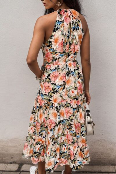 swvws Printed Tiered Pocketed Mock Neck Midi Dress