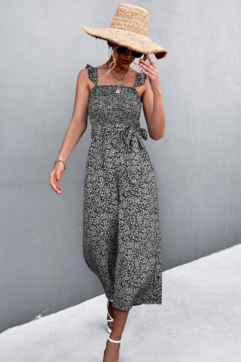 swvws Printed Ruffle Strap Smocked Belted Jumpsuit