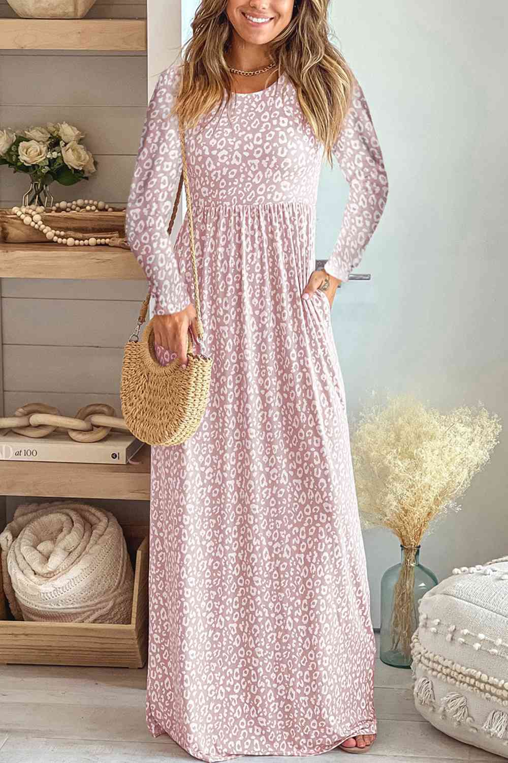 swvws Leopard Round Neck Long Sleeve Maxi Dress