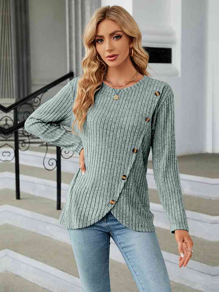 swvws Round Neck Ribbed Button Detail Blouse