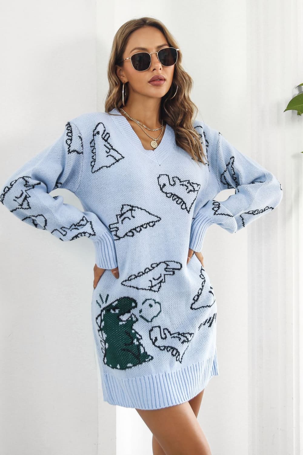 swvws Dinosaur Pattern V-Neck Sweater Dress