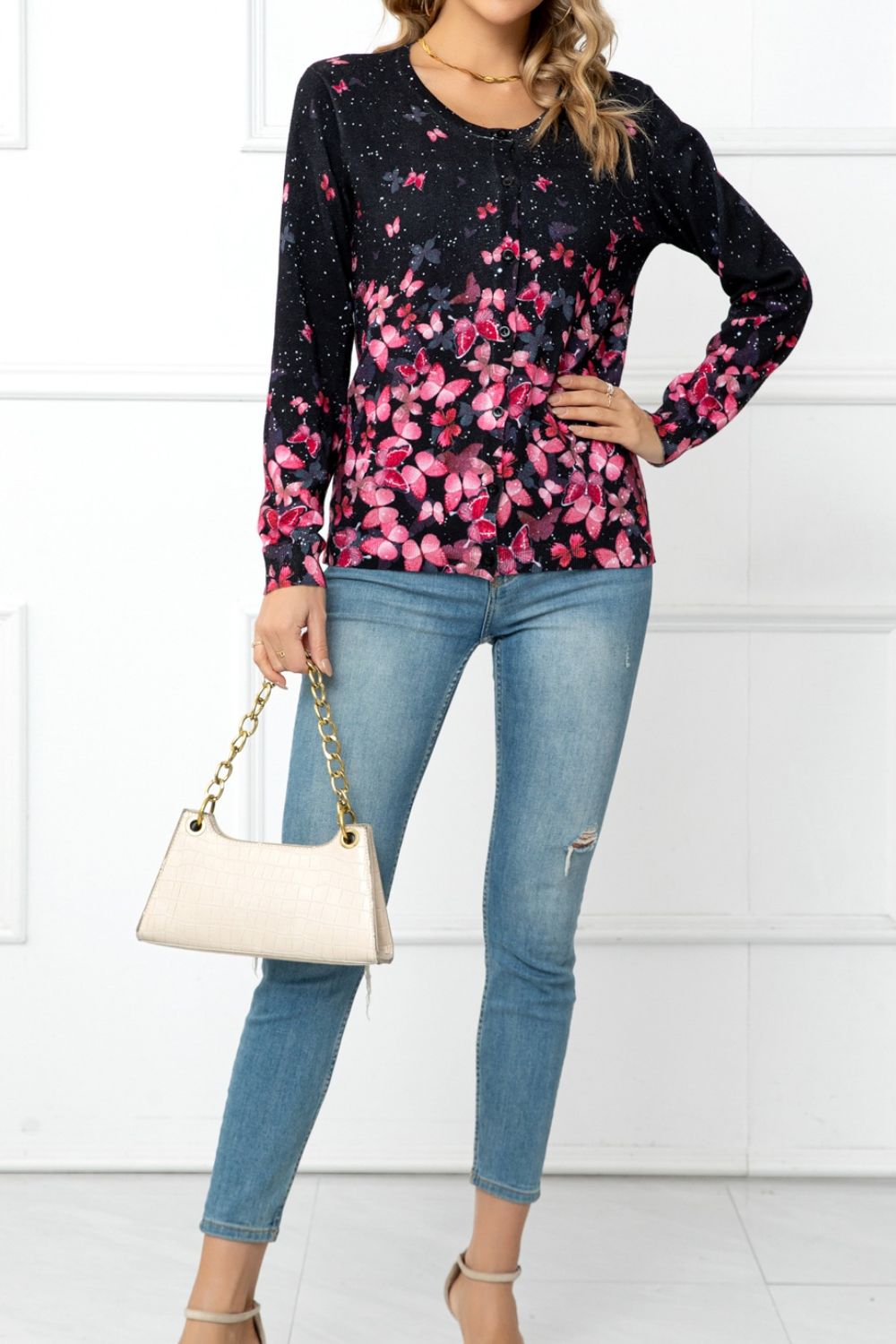 swvws Floral Button Front Round Neck Cardigan