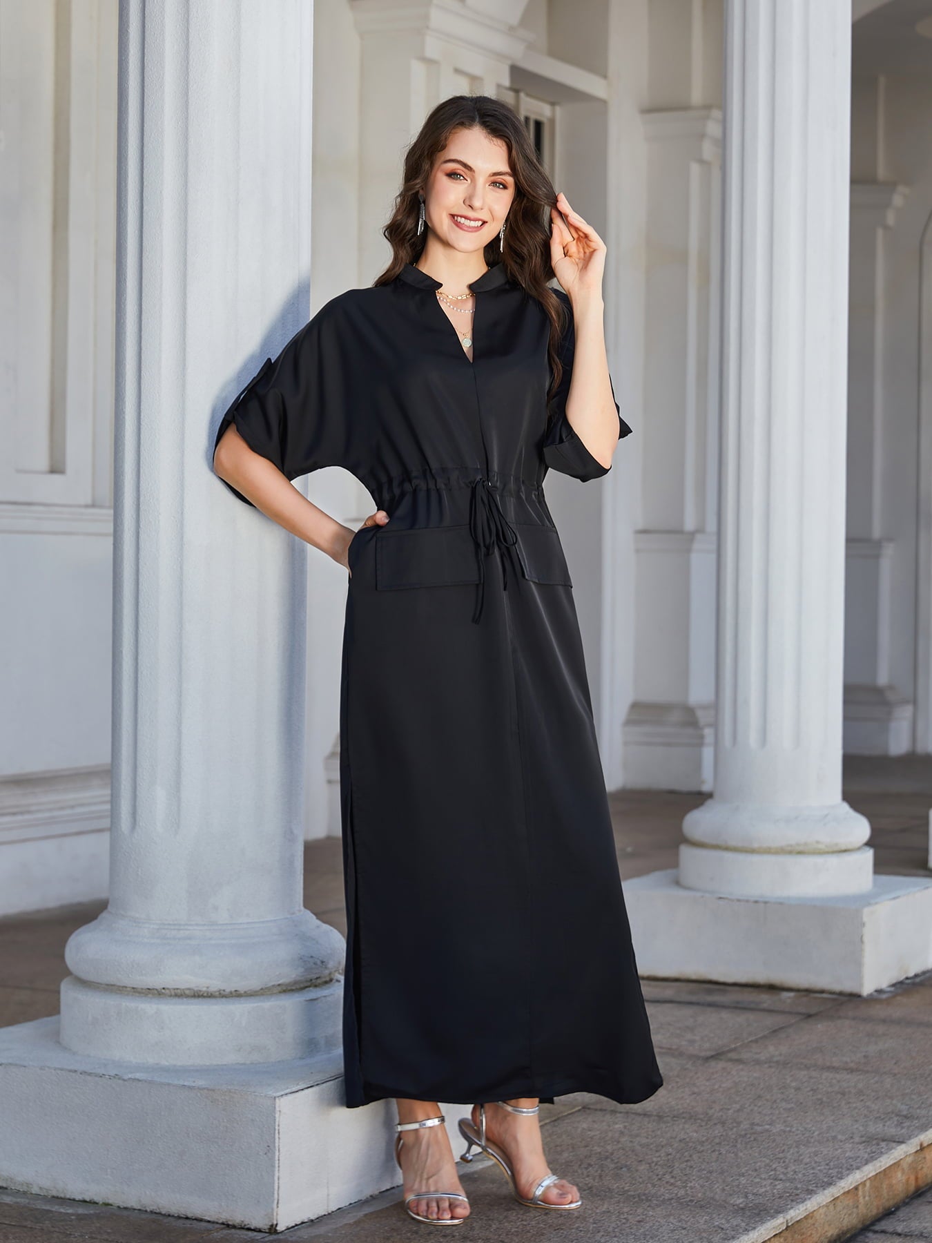 swvws High Slit Roll-tab Sleeve Notched Neck Maxi Dress