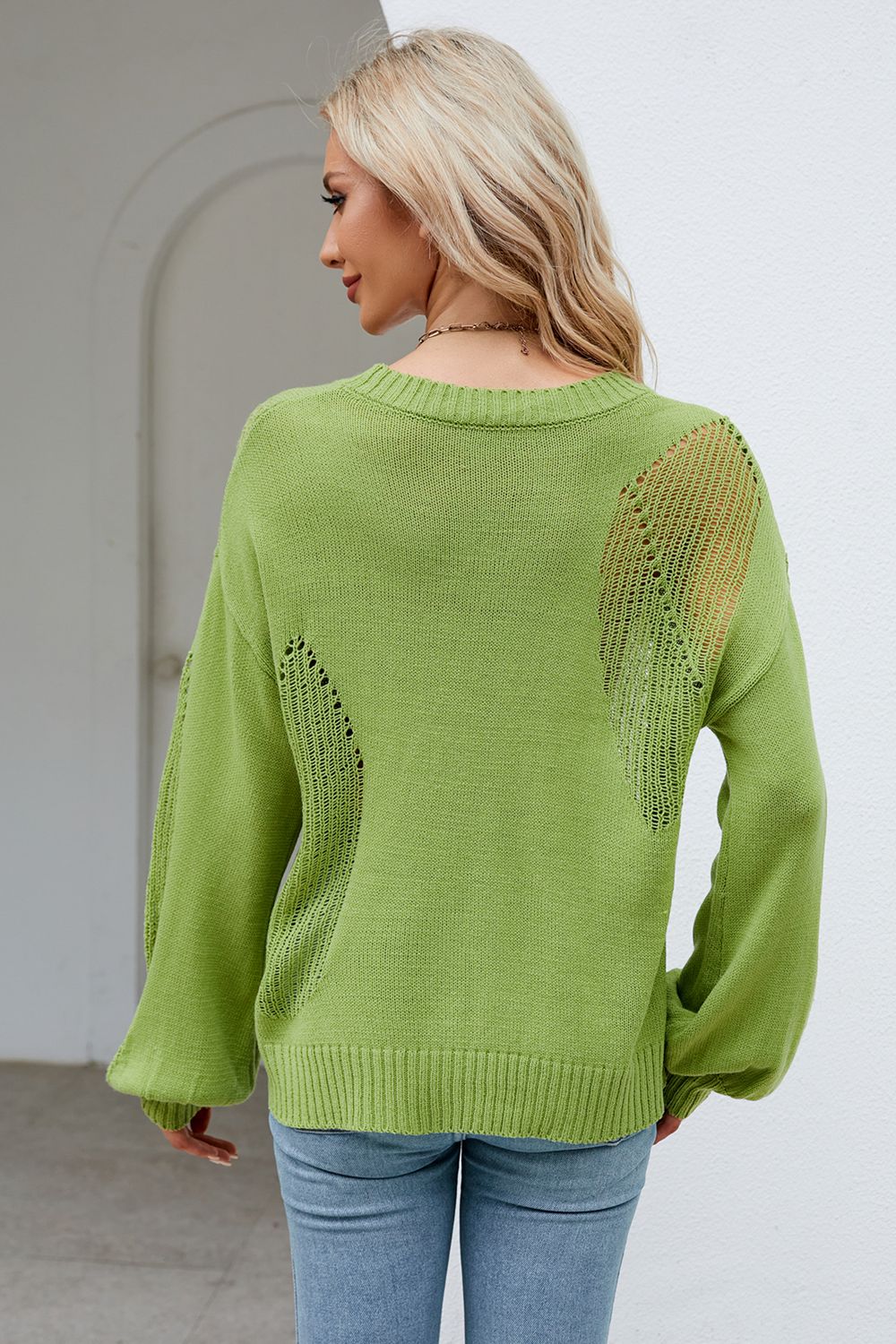 swvws Openwork Round Neck Dropped Shoulder Knit Top