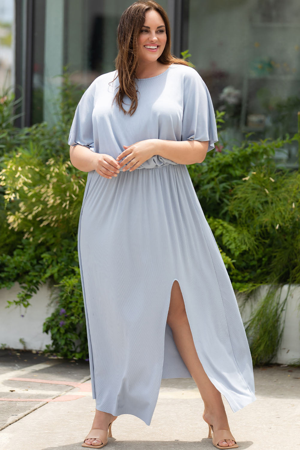 swvws Plus Size Round Neck Split Flutter Sleeve Maxi Dress