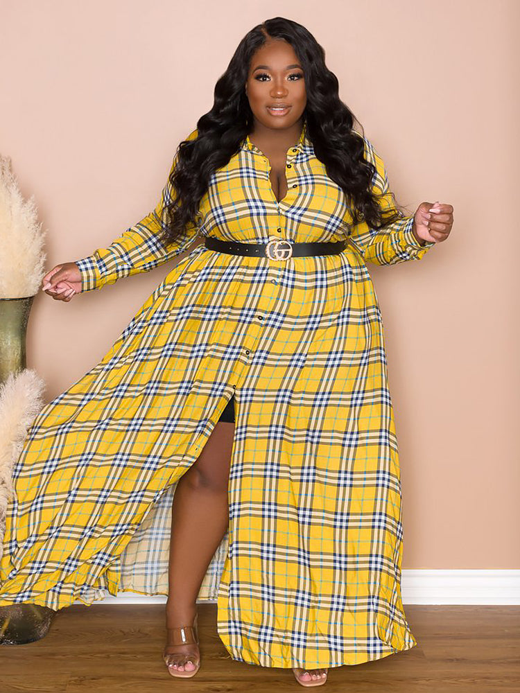 Sixsr Plaid Belted Maxi Shirtdress