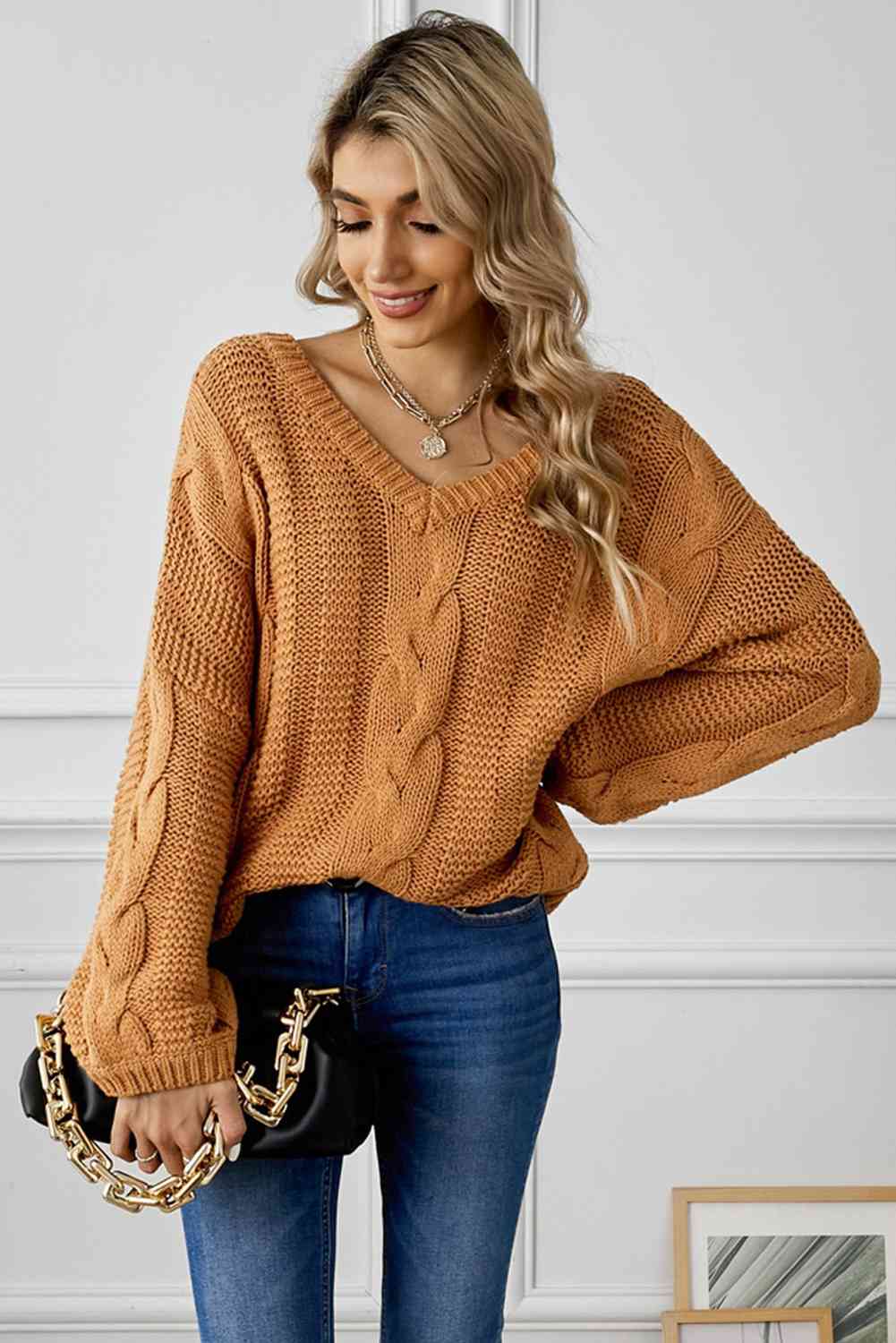 swvws Cable Knit V-Neck Sweater