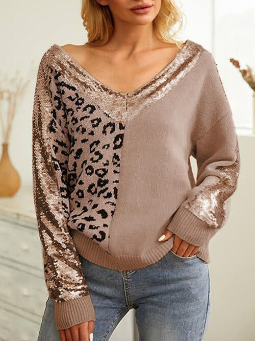 swvws Leopard Sequin V-Neck Long Sleeve Sweater