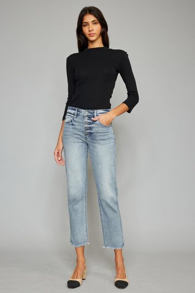 swvws Kancan High Waist Button Fly Raw Hem Cropped Straight Jeans