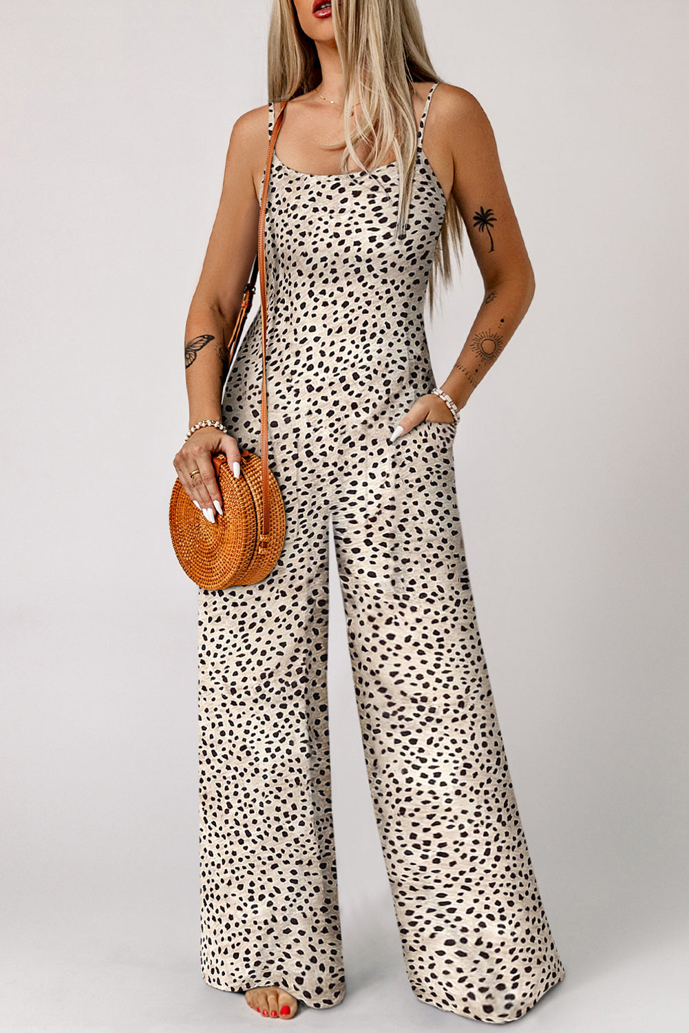 swvws Printed Spaghetti Strap Jumpsuit with Pockets