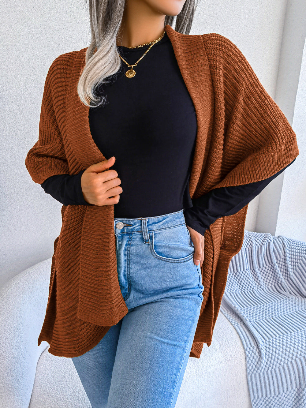 swvws Horizontal Ribbing Open Front Slit Cardigan