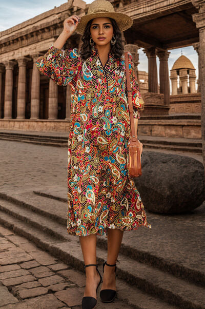 swvws Printed Surplice Lantern Sleeve Midi Dress