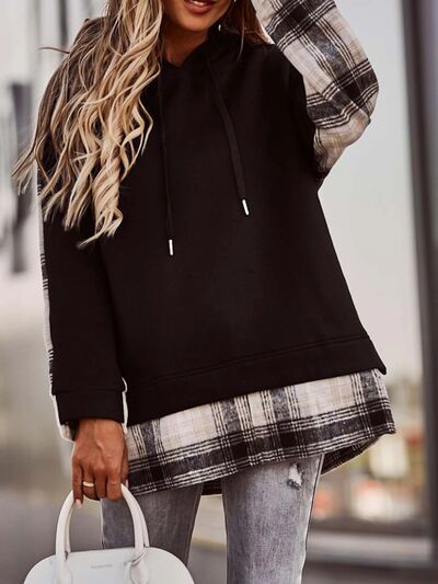 swvws Plaid Drawstring Dropped Shoulder Hoodie