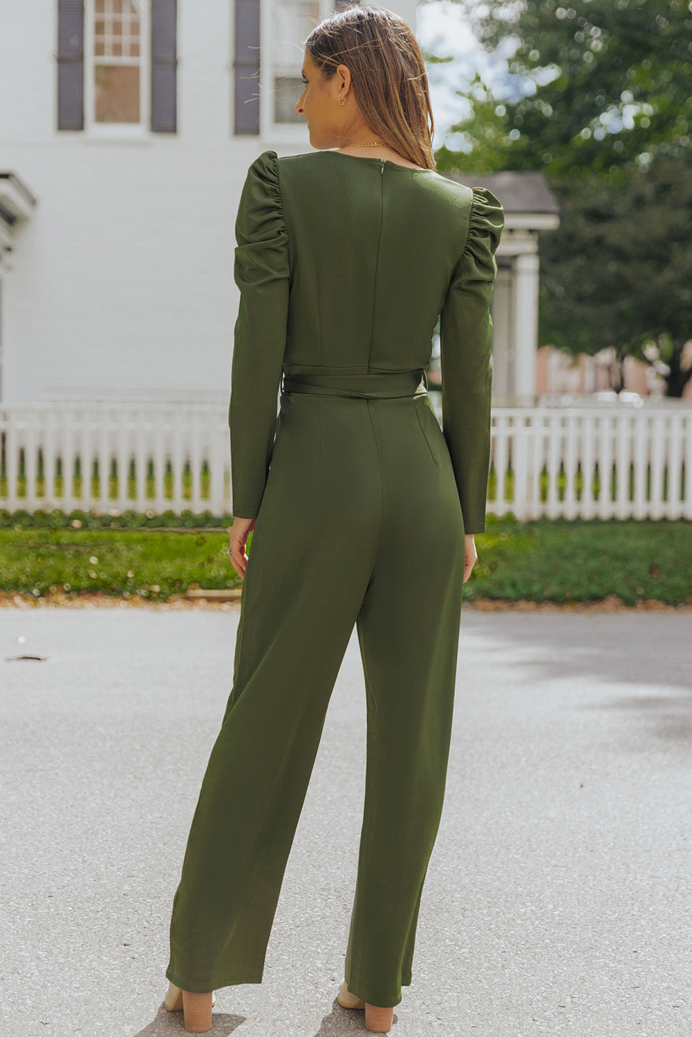 swvws Belted Long Puff Sleeve V-Neck Jumpsuit